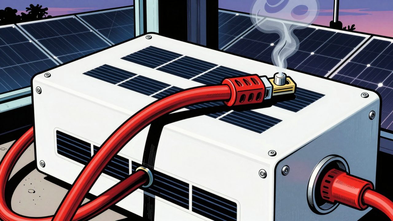 Ilustración de un inversor solar con dos cables de distinto grosor empalmados en el mismo borne y un hilo de humo