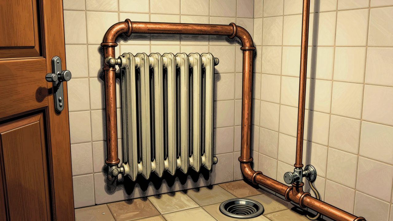 Ilustración de un baño con una tubería de radiador que pasa por encima de la puerta y un desagüe que da la vuelta a toda la habitación