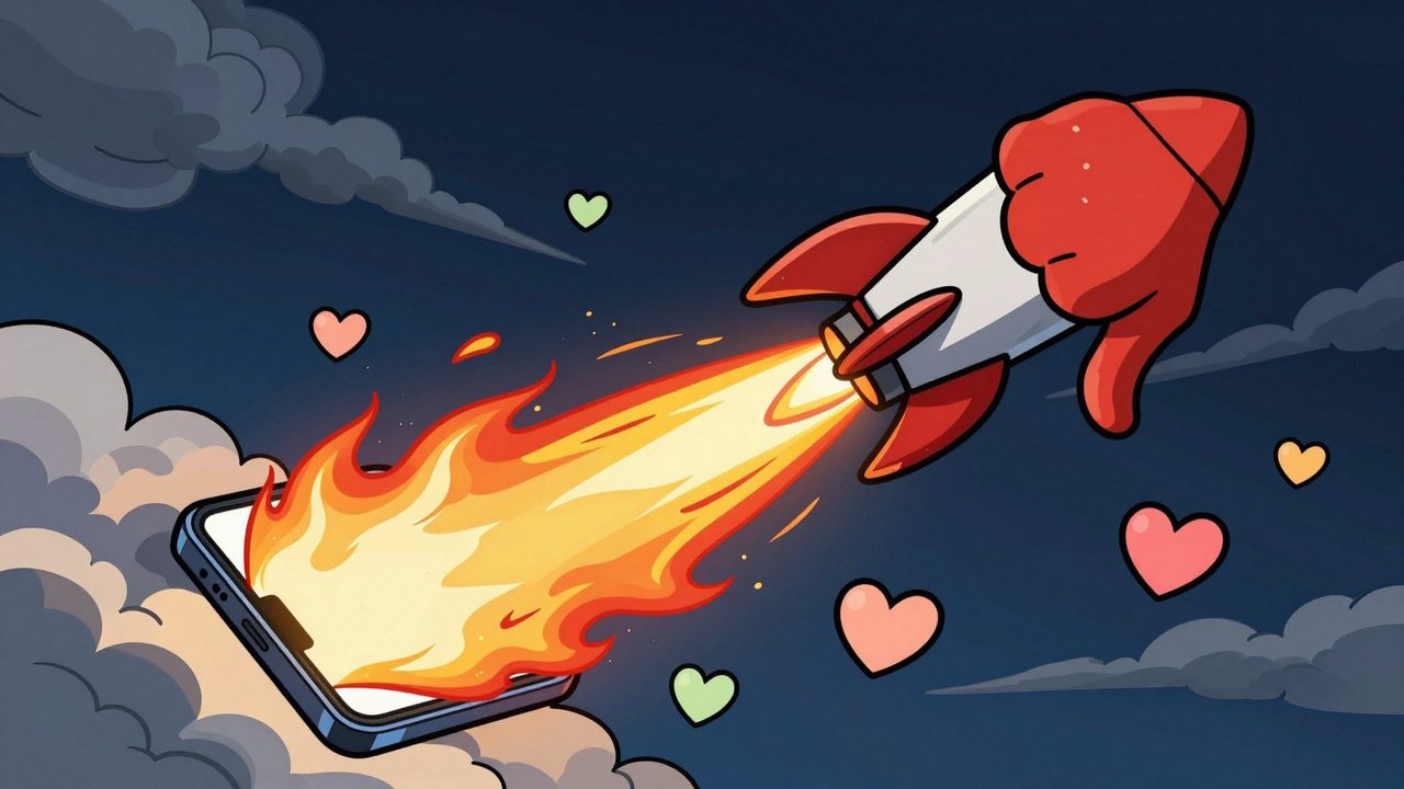 Ilustración de un smartphone convertido en cohete que despega impulsado por una llamarada de pulgares hacia abajo, mientras unos corazones flotan tranquilos debajo