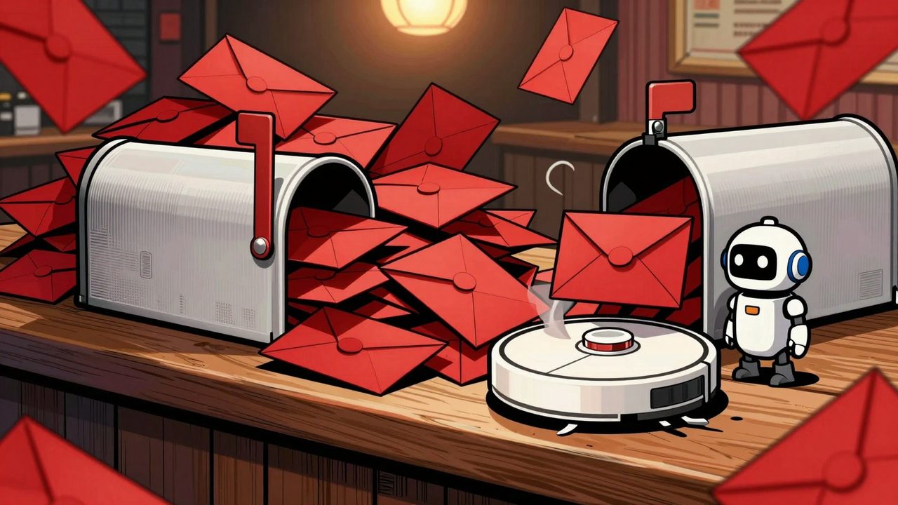 Ilustración de una barra de bar sepultada bajo una avalancha de sobres rojos que desbordan un buzón, mientras un pequeño robot aspirador intenta barrerlos