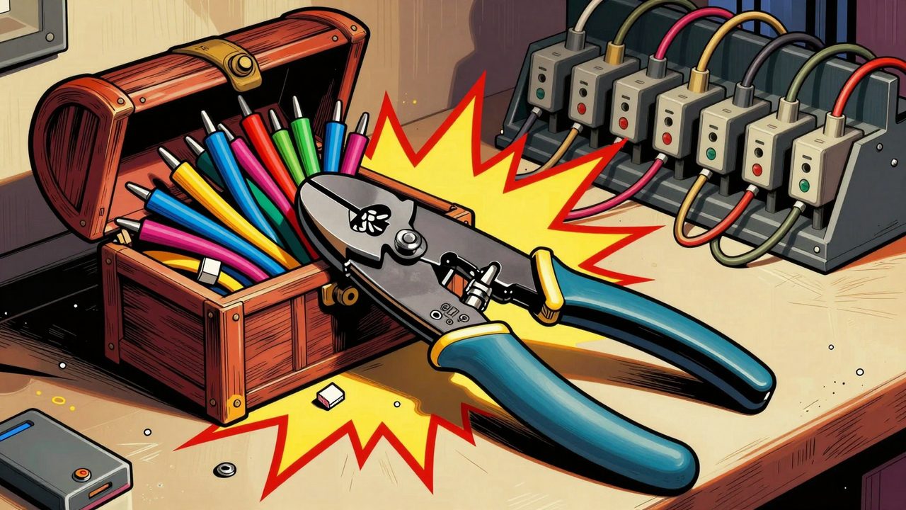 Ilustración de una grimpadora sobre un banco de trabajo rodeada de punteras de colores que desbordan un cofre del tesoro, con relés cableados al fondo