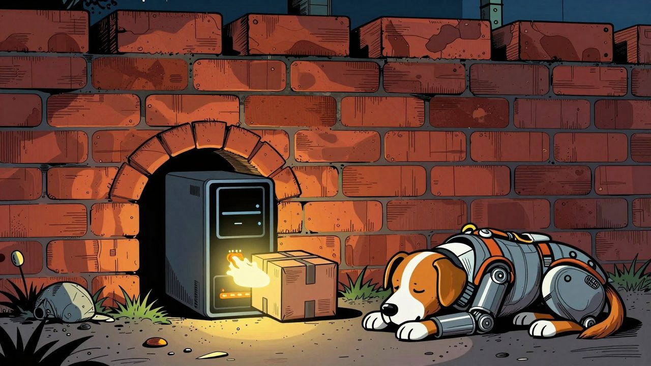 Ilustración de un servidor casero que envía datos por un túnel secreto bajo un gran muro cortafuegos, disfrazados de paquete normal, mientras un perro robot vigila dormido