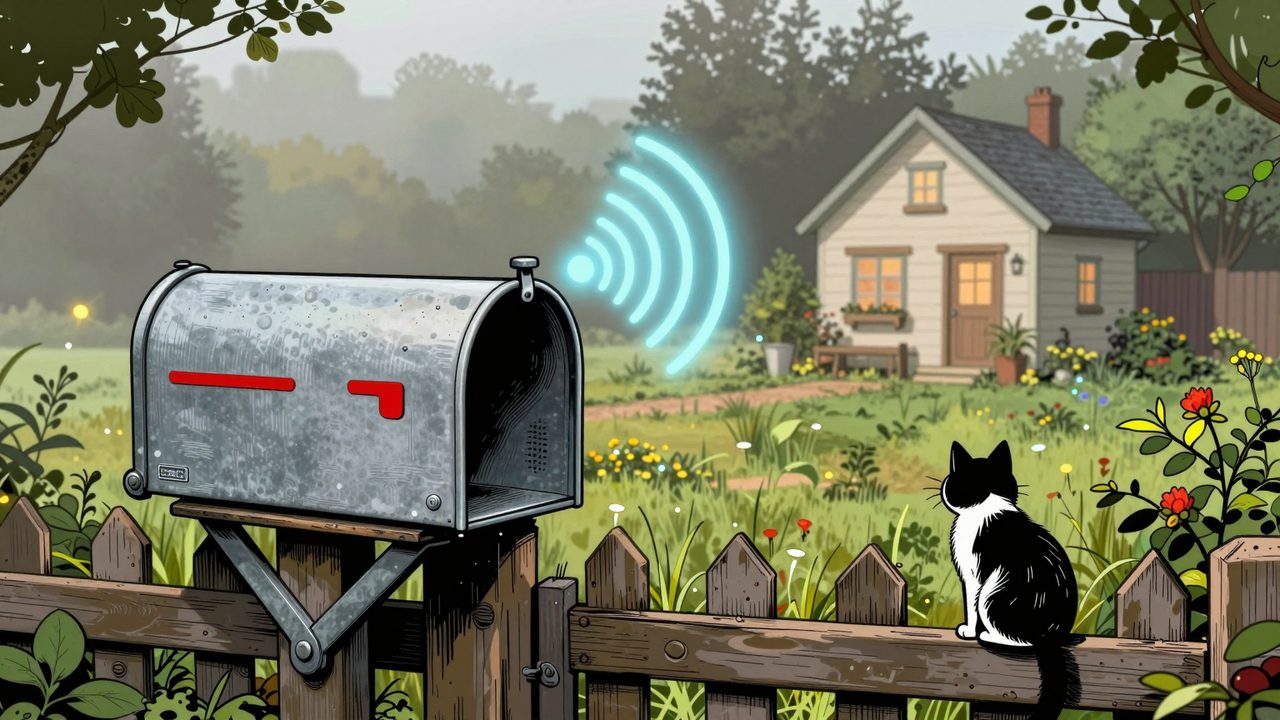 Ilustración de un buzón rústico con un pequeño sensor inalámbrico que emite ondas de radio hacia una casa inteligente lejana mientras un gato observa