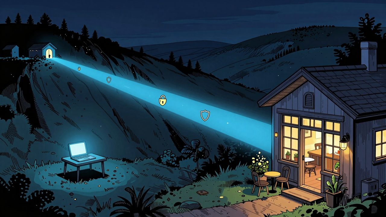 Ilustración de una casa inteligente conectada de noche a un portátil lejano mediante un túnel de luz azul con candados flotantes