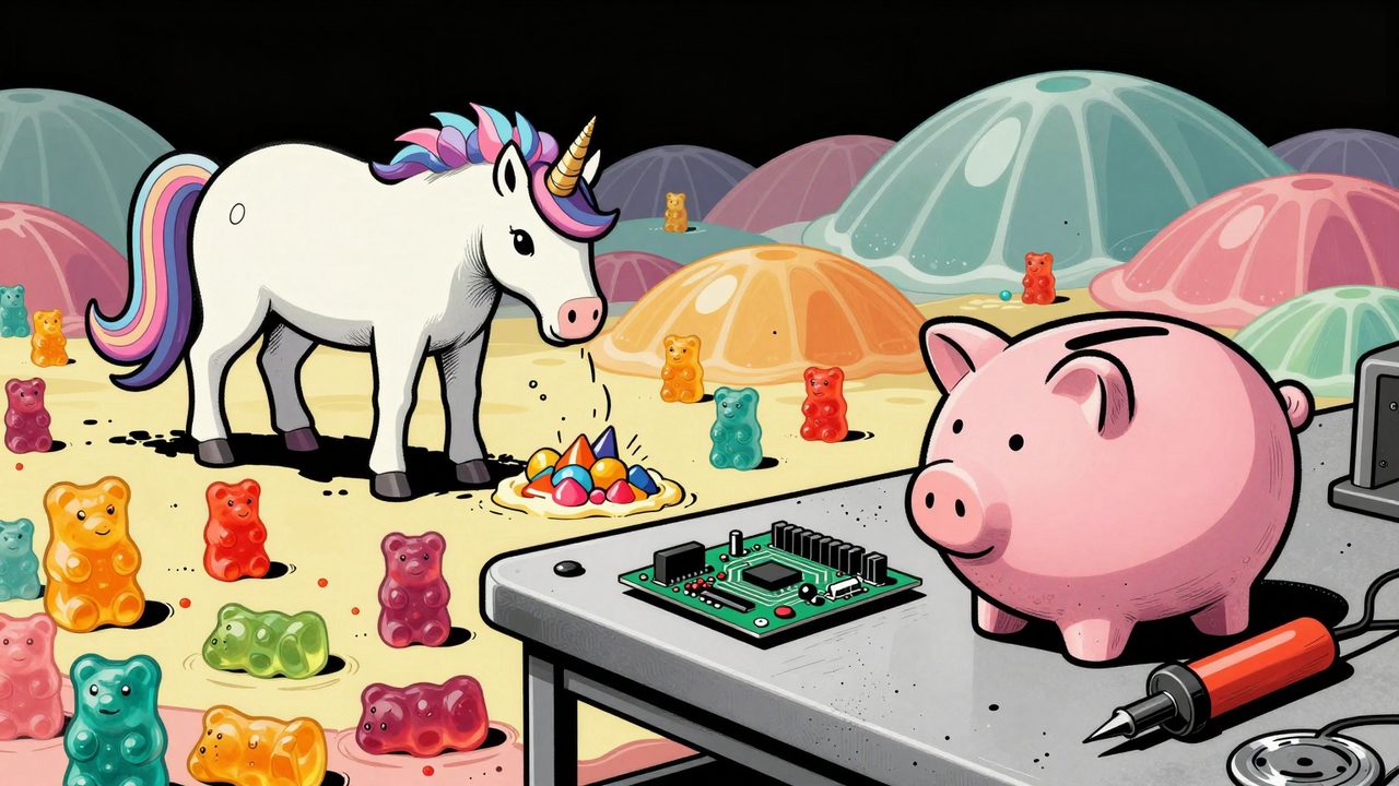 Ilustración de un paisaje de gominolas con un unicornio que termina de golpe en un banco de taller con una placa electrónica y una hucha vacía