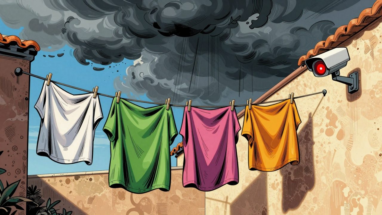 Ilustración de un patio mediterráneo con ropa tendida bajo una nube de tormenta y una cámara de seguridad que la vigila