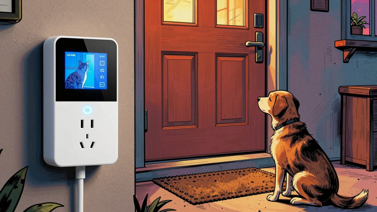 Ilustración de un videoportero en cuya pantalla aparece un gato de la llamada anterior mientras un perro espera en la puerta