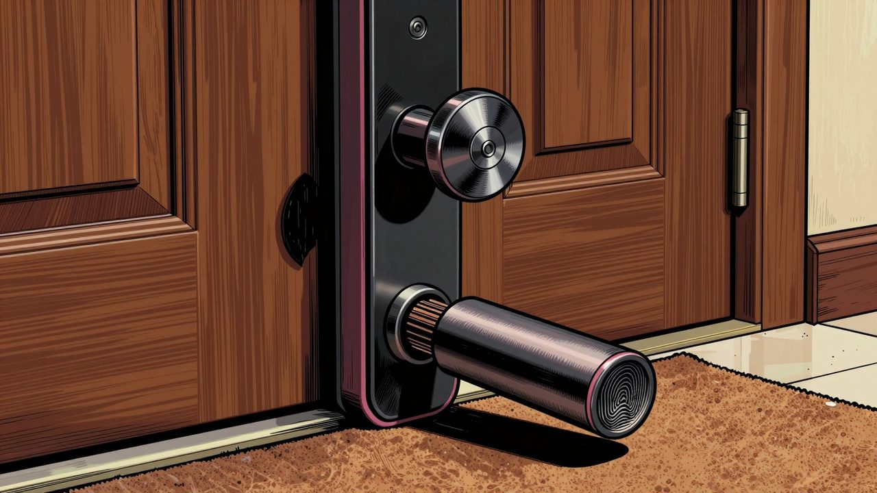 Ilustración de una cerradura de huella con el pomo partido en el felpudo y la puerta entreabierta