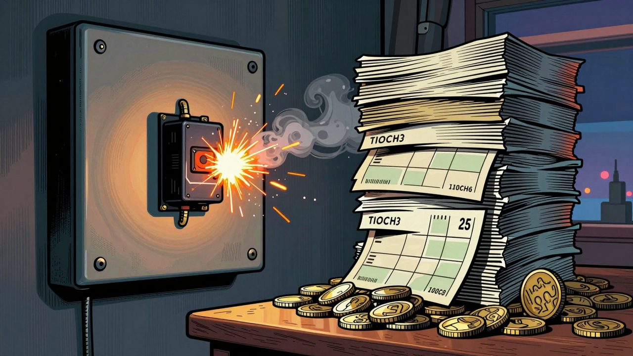 Ilustración de un pequeño relé echando chispas en un cuadro eléctrico de una casa de lujo, junto a una enorme pila de facturas y monedas