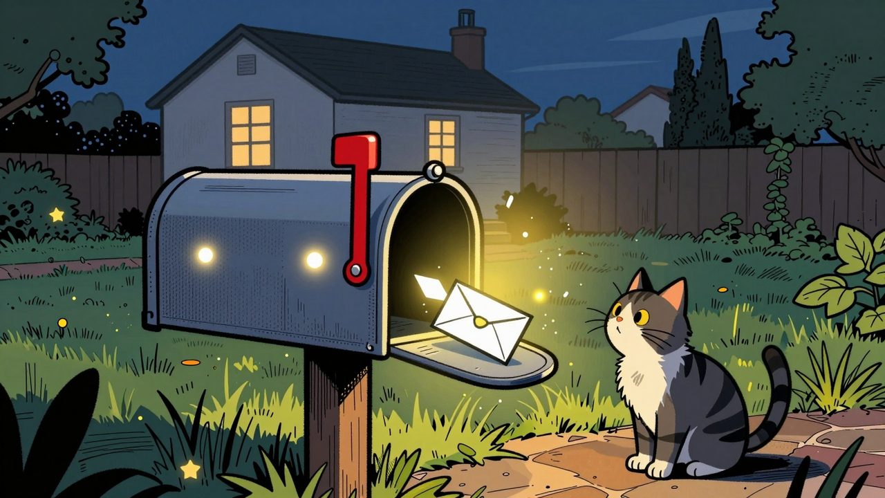 Ilustración de un buzón lleno de sensores luminosos que avisa de la llegada de una carta, observado por un gato sorprendido frente a una casa tranquila