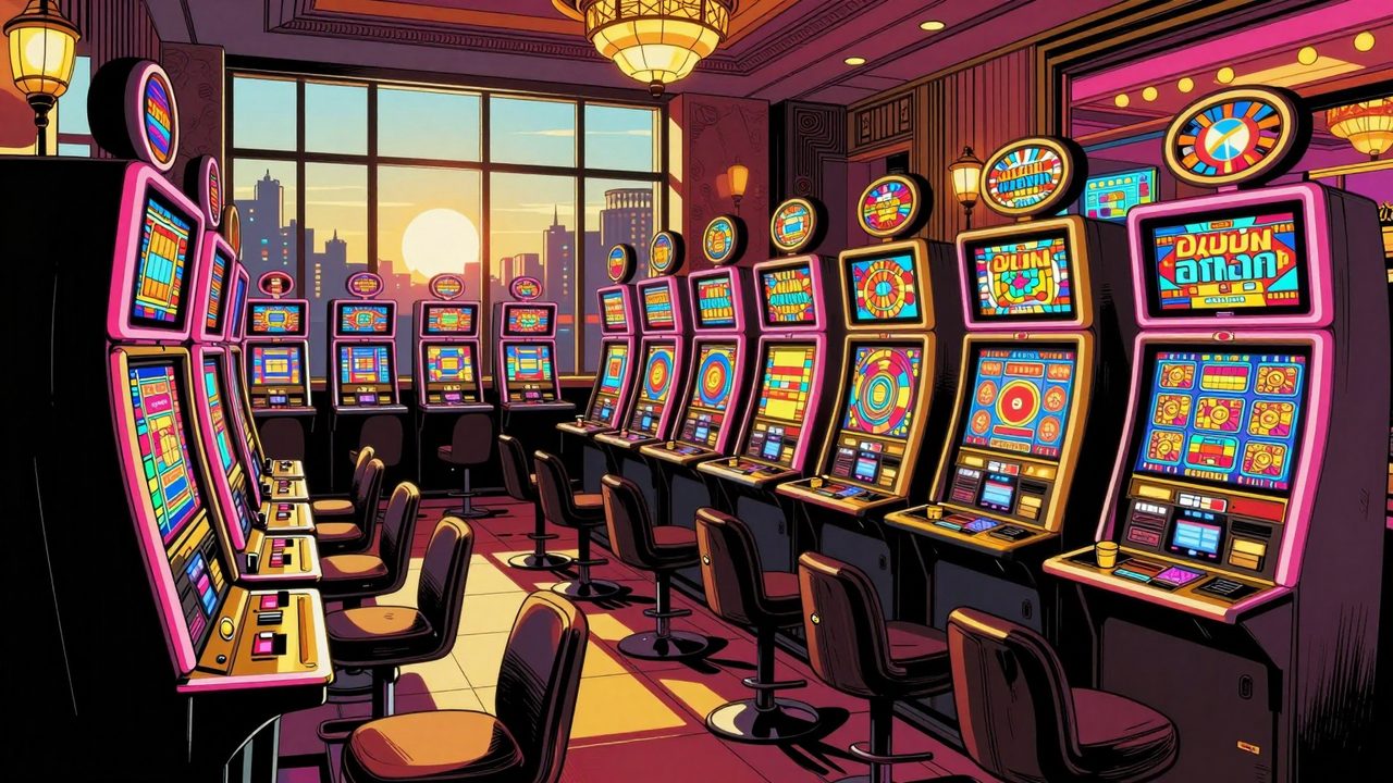 Ilustración de un vestíbulo de hotel vacío al amanecer lleno de tragaperras iluminadas con luces de neón