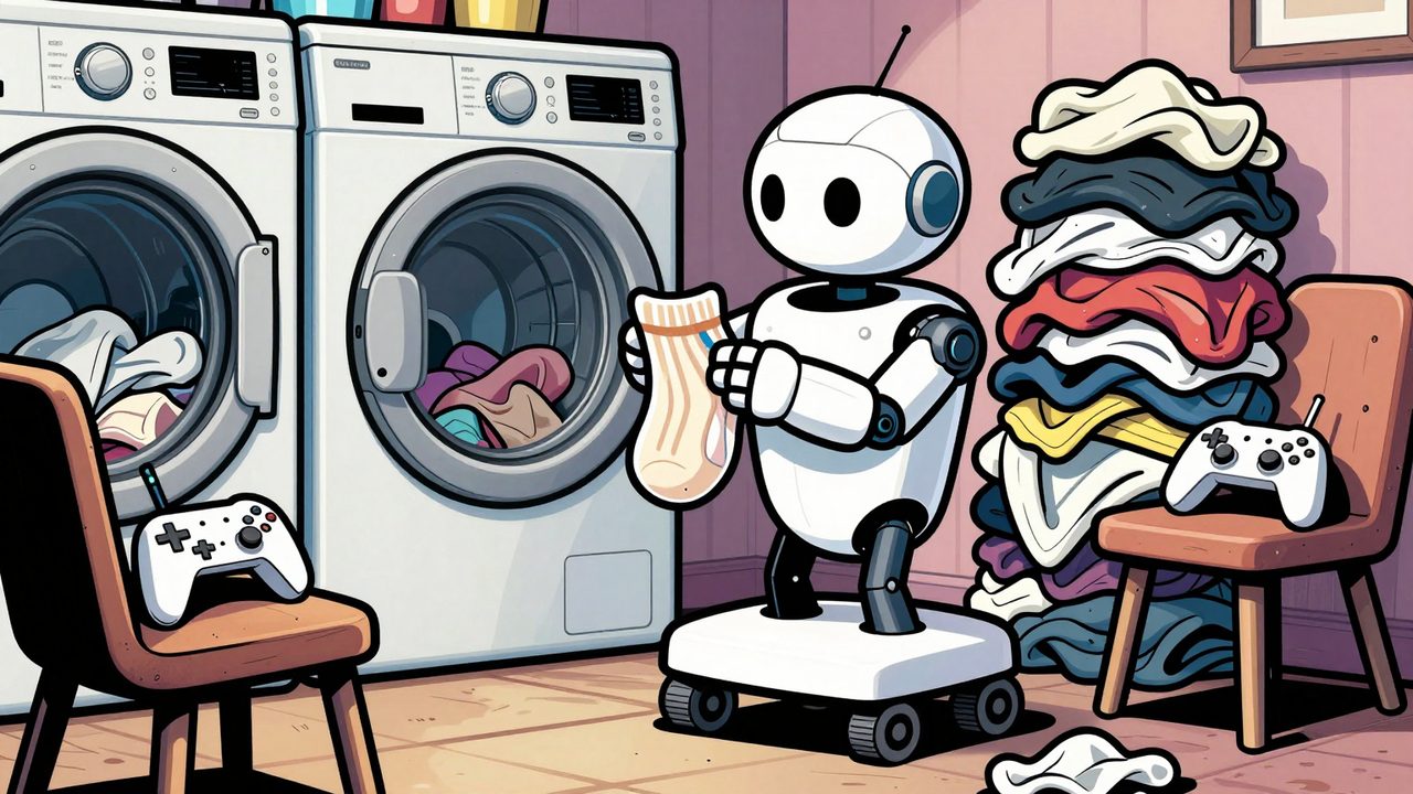 Ilustración de un robot humanoide con base de ruedas doblando ropa junto a una lavadora y un mando sospechoso sobre una silla