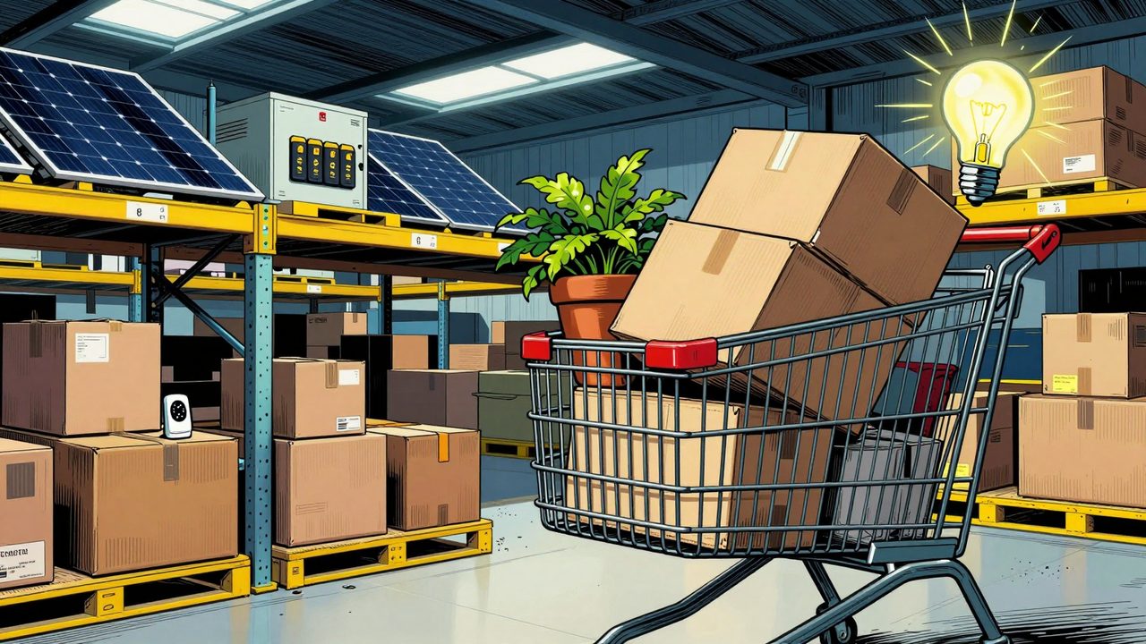 Ilustración de un carro de la compra en una gran tienda de muebles cargado con cajas planas, plantas, sensores y una bombilla brillante que chisporrotea electricidad