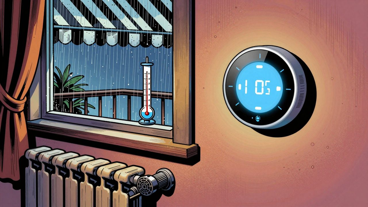 Ilustración de un salón con un termostato inteligente en la pared mientras fuera un chaparrón empapa un toldo abierto y un pluviómetro se llena en el balcón