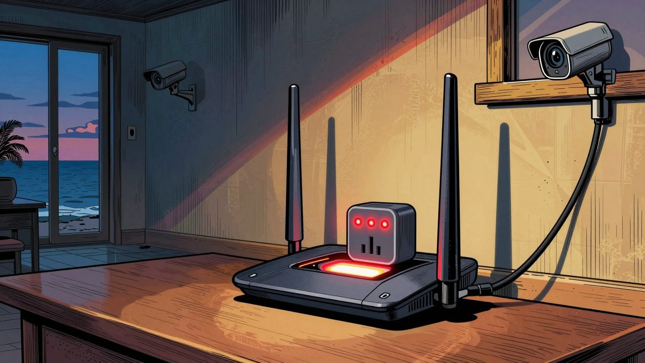 Ilustración de un enchufe inteligente vigilando un router 4G colgado con luces rojas, que se aferra a su batería interna, en un apartamento vacío junto al mar