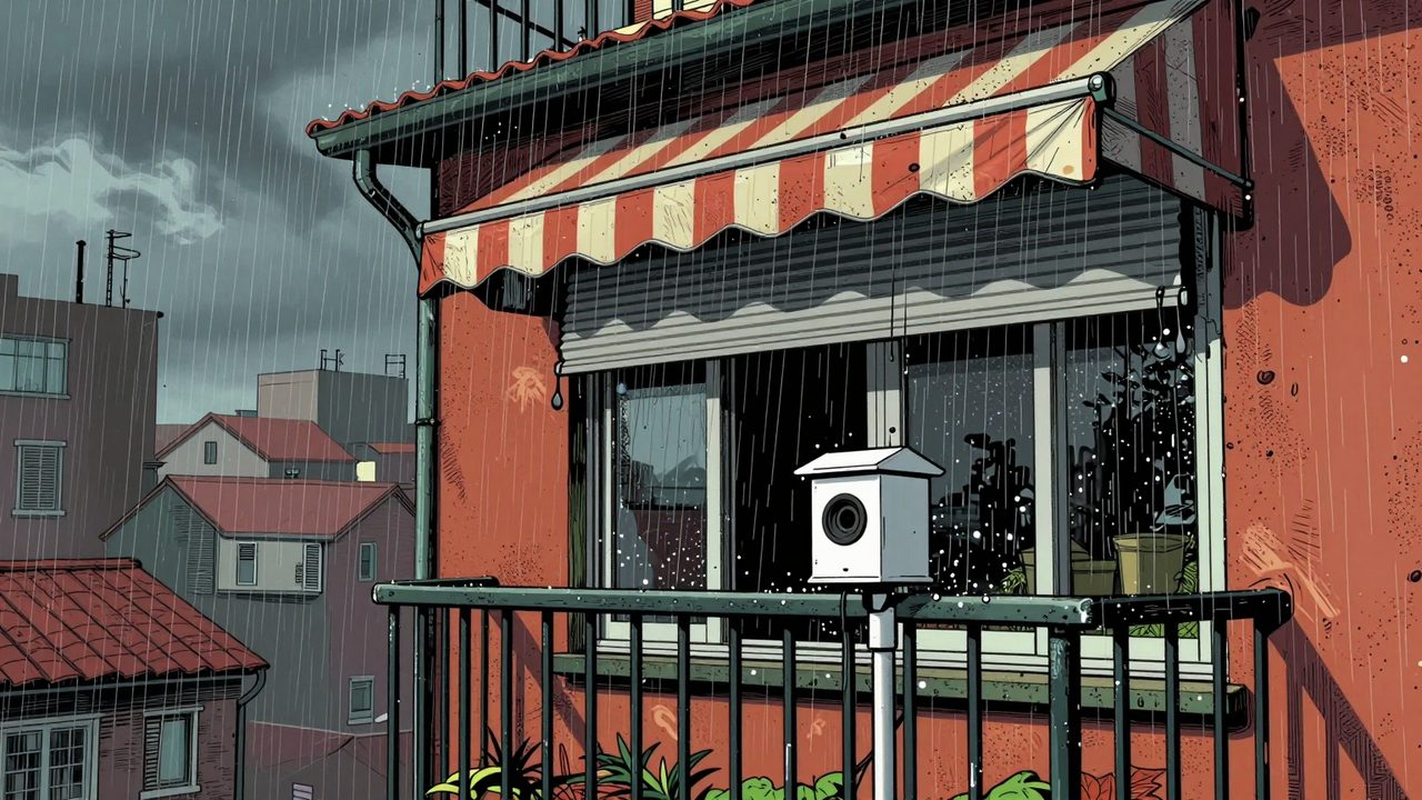 Ilustración de un balcón de un piso bajo la lluvia, con un toldo recogiéndose solo y una pequeña estación meteorológica en la barandilla
