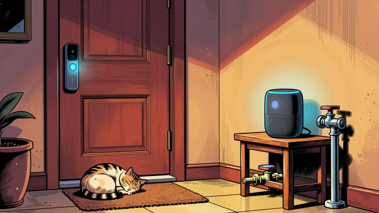 Ilustración de una puerta con timbre inteligente, un gato dormido en el felpudo, un altavoz inteligente encendido en el recibidor y una válvula inteligente en una tubería