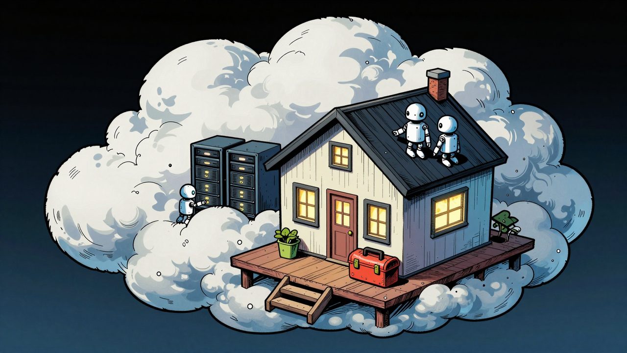 Ilustración de una casa inteligente bajo una gran nube donde pequeños robots mantienen servidores, mientras una caja de herramientas queda olvidada en el porche