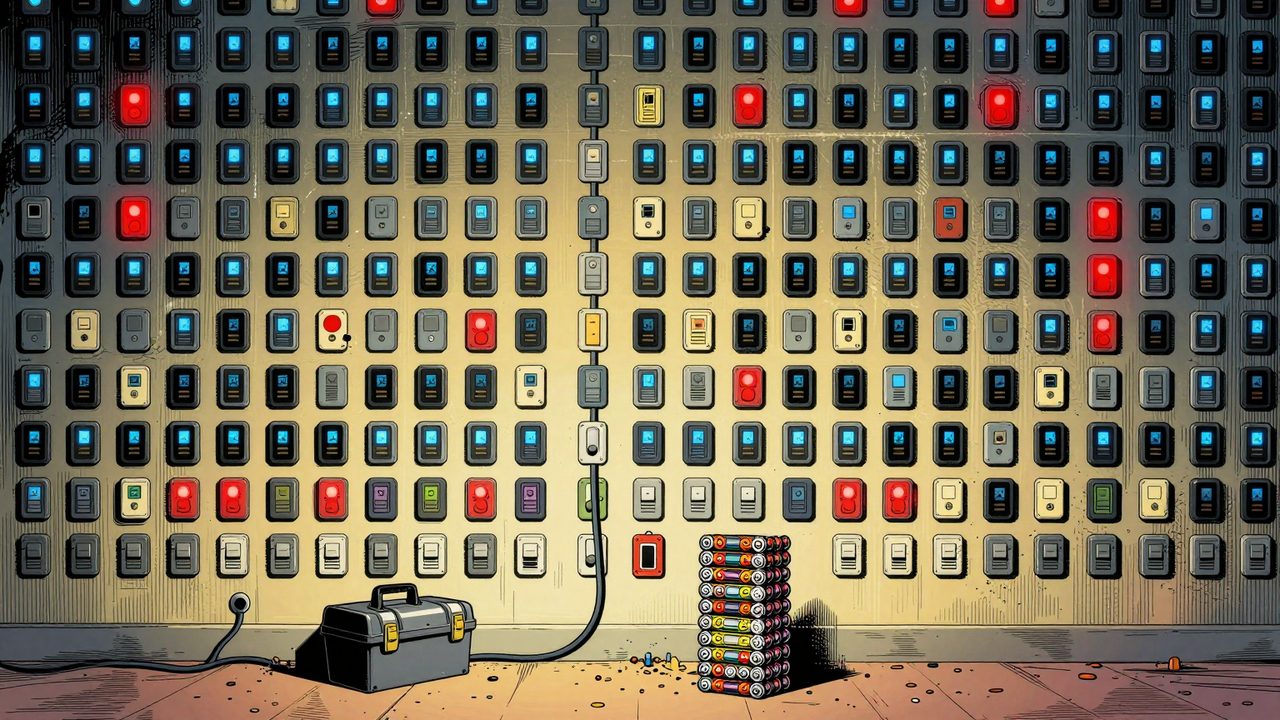 Ilustración de una enorme pared llena de cientos de sensores y dispositivos domóticos, algunos con luces rojas parpadeando, y una caja de herramientas con pilas de repuesto