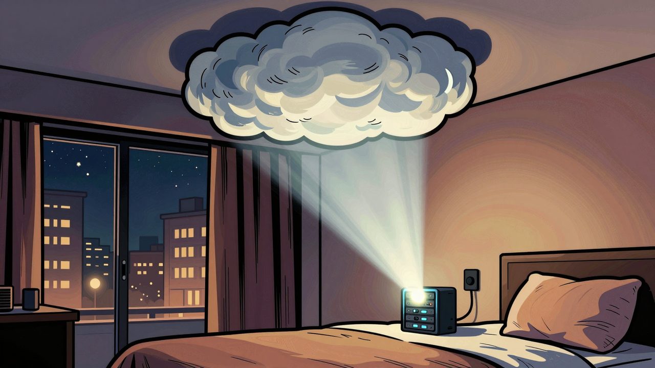 Ilustración de un pequeño coordinador inalámbrico en una habitación de hotel que envía un haz de luz hasta una nube donde brilla un pequeño servidor