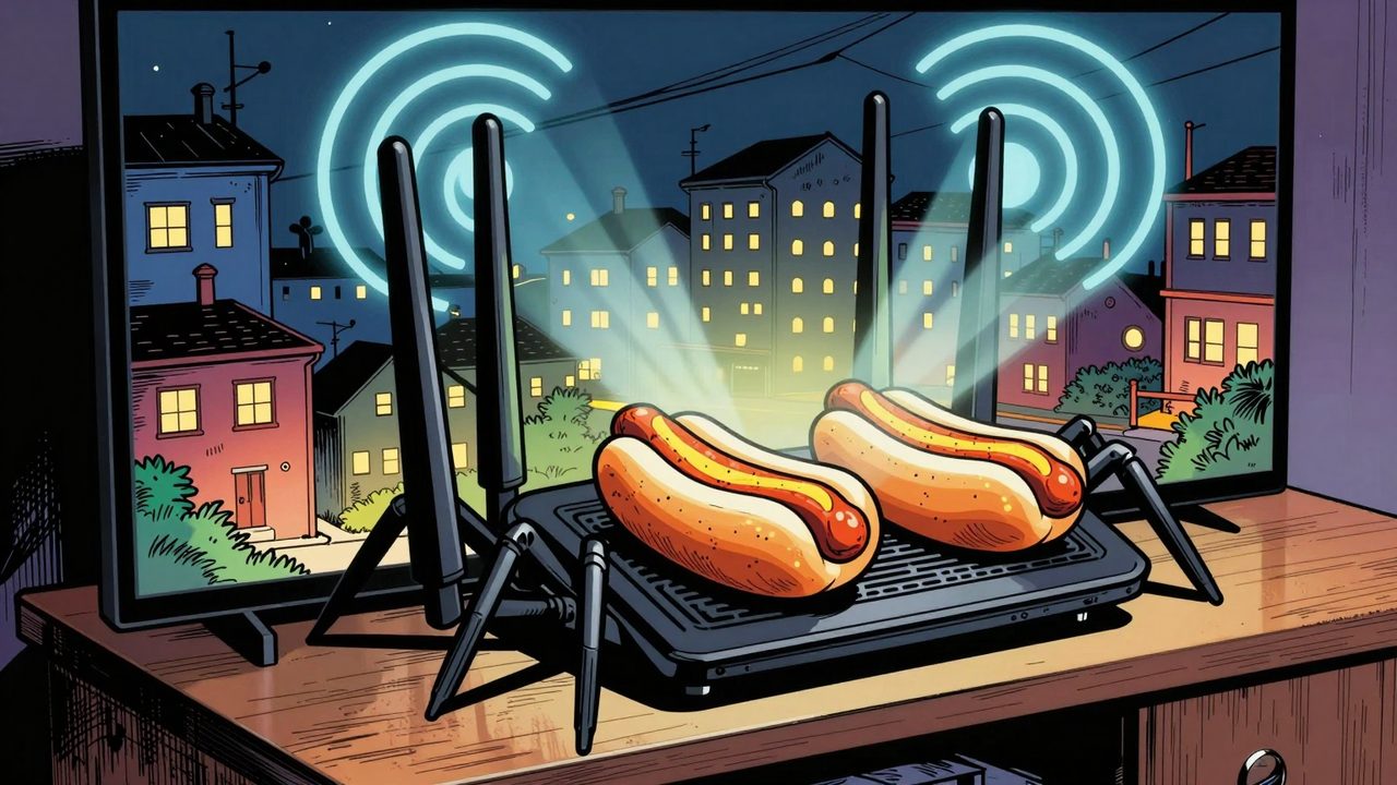 Ilustración de un router wifi enorme lleno de antenas que inunda de ondas todo el barrio mientras unos panes de perrito se calientan encima