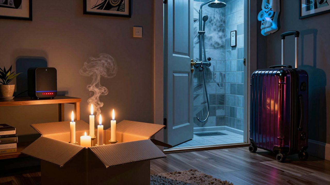 Ilustración de un salón a oscuras iluminado con velas de una caja de cartón, con un controlador domótico parpadeando en rojo y una maleta junto a la puerta