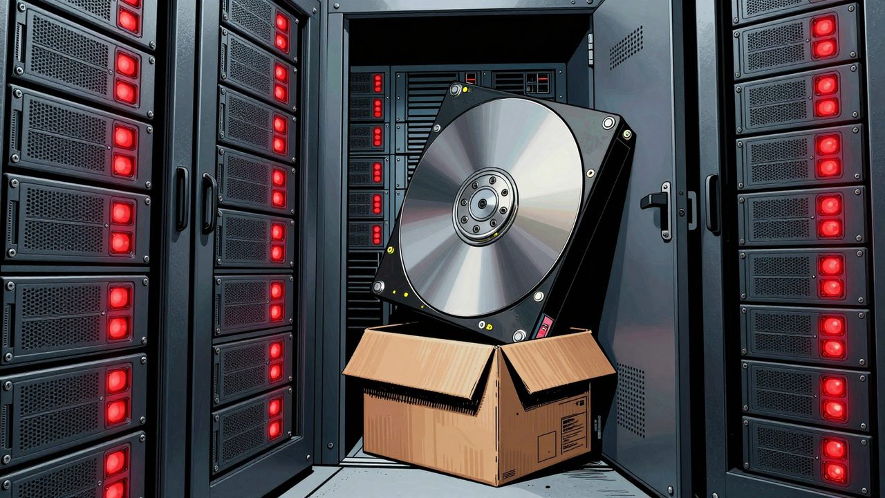 Ilustración de un almacén de copias de seguridad desbordado de discos duros, con un disco gigante atascado en la puerta