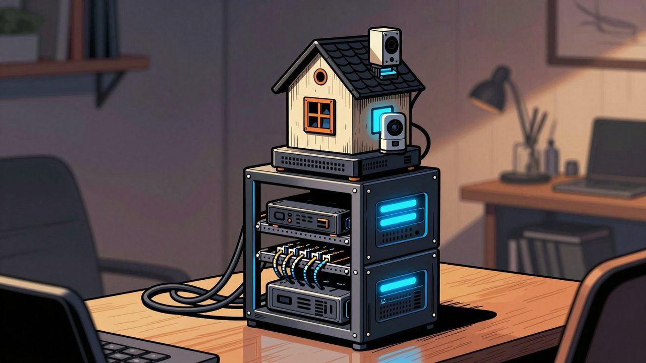 Ilustración de un pequeño servidor que sostiene una torre inestable formada por una casa inteligente, sensores, cables y routers