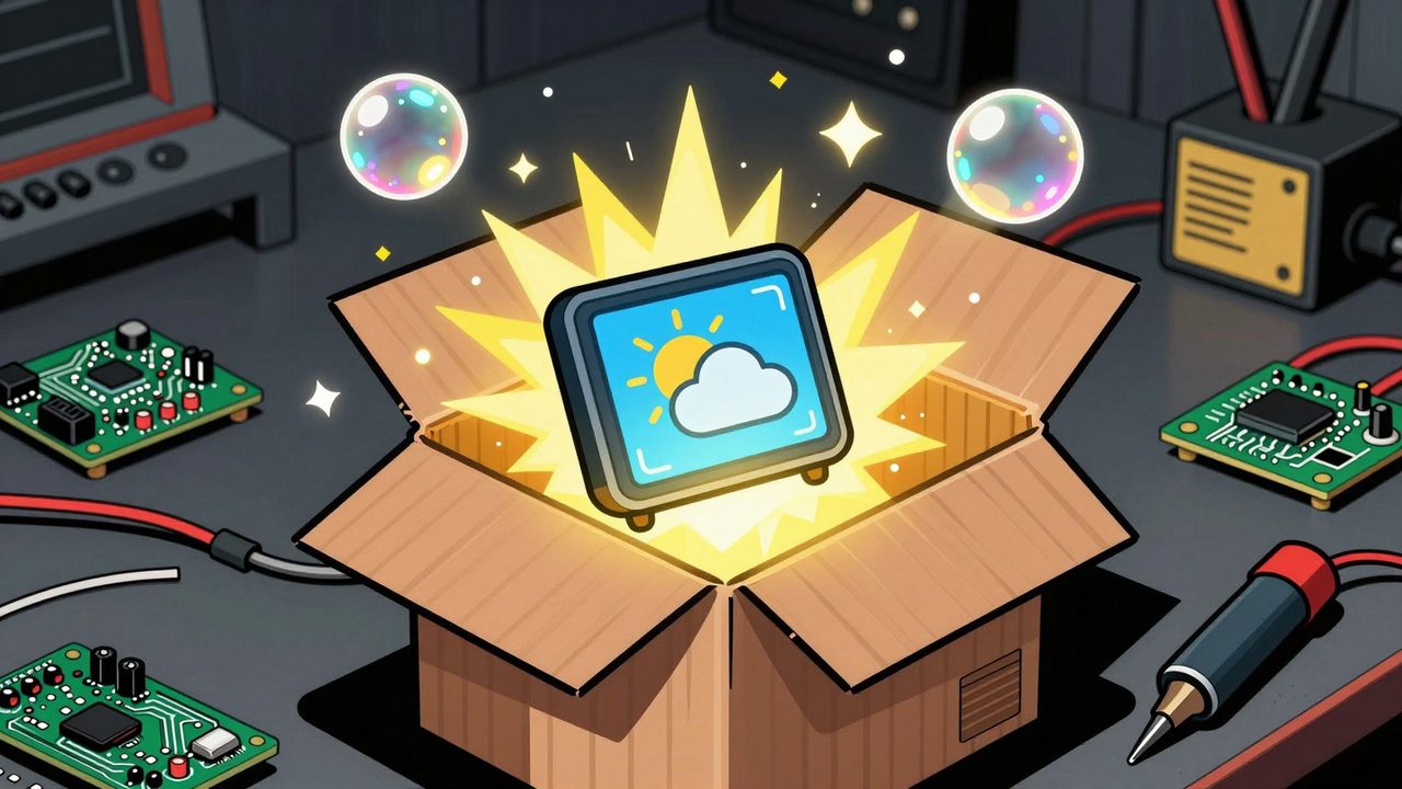 Ilustración de una pequeña pantalla electrónica con el icono del tiempo saliendo mágicamente de un paquete abierto sobre una mesa de electrónica