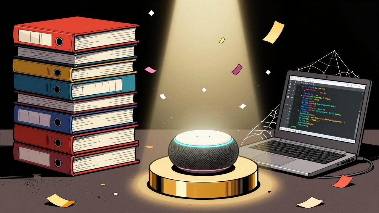 Ilustración de un altavoz inteligente en un pedestal dorado bajo un foco mientras una pila de tutoriales acumula polvo en un rincón