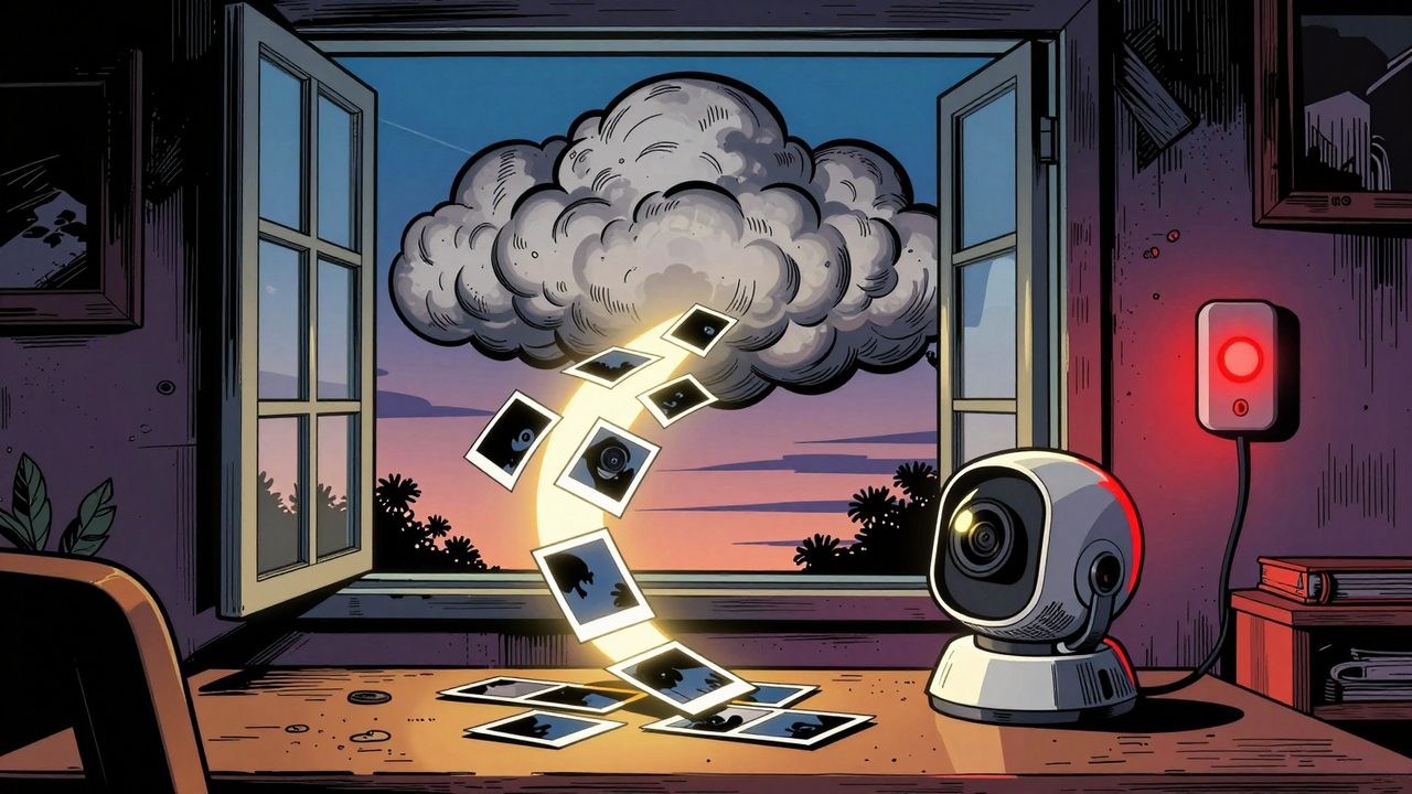 Ilustración de una cámara doméstica de la que salen fotos flotando por la ventana hacia una gran nube oscura, junto a un sensor de movimiento parpadeando