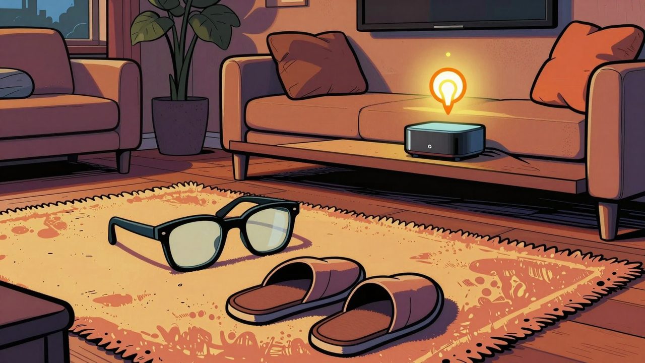 Ilustración de un salón visto desde una cámara de seguridad, con unas gafas y una zapatilla caídas en la alfombra y un pequeño hub inteligente lanzando un aviso