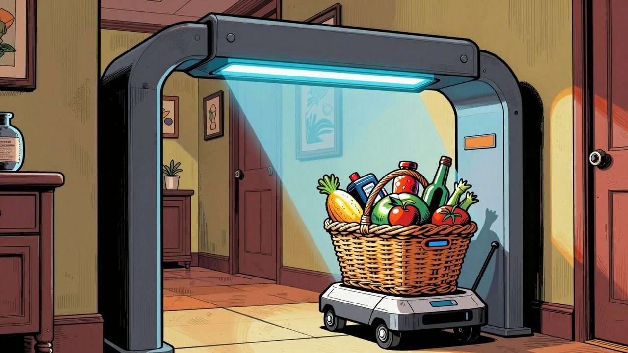 Ilustración de un arco lector luminoso en el pasillo de una casa que escanea una cesta llena de compra sobre un pequeño carrito robot