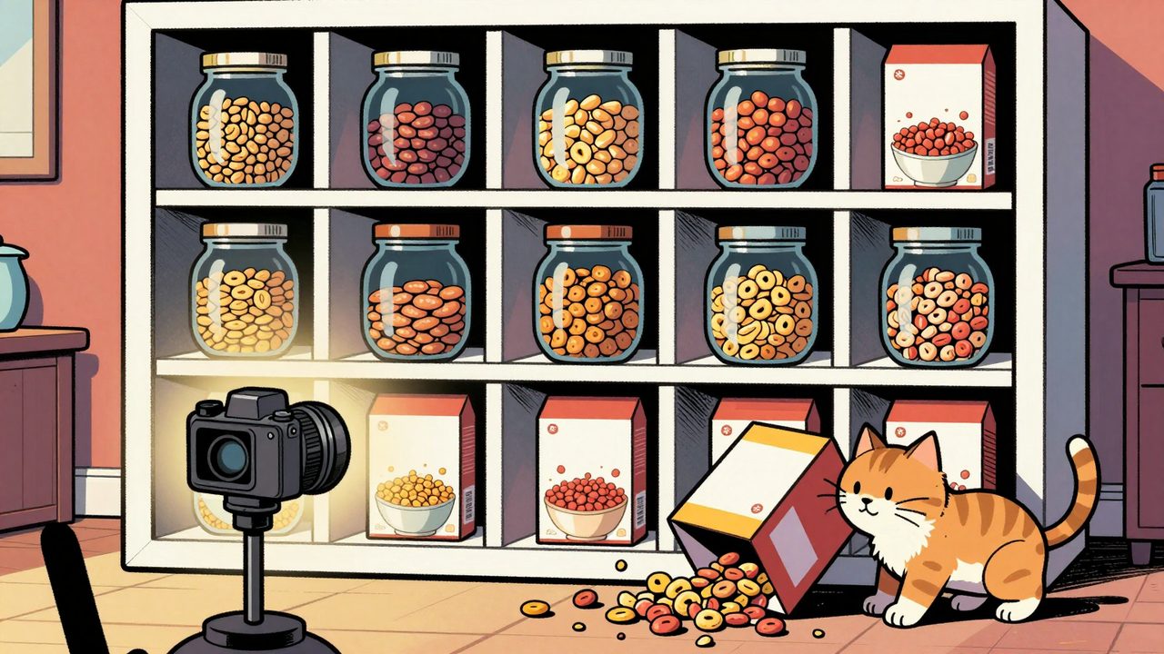 Ilustración de una despensa de cubos vigilada por una cámara mientras un gato tira una caja de cereales y lo desordena todo