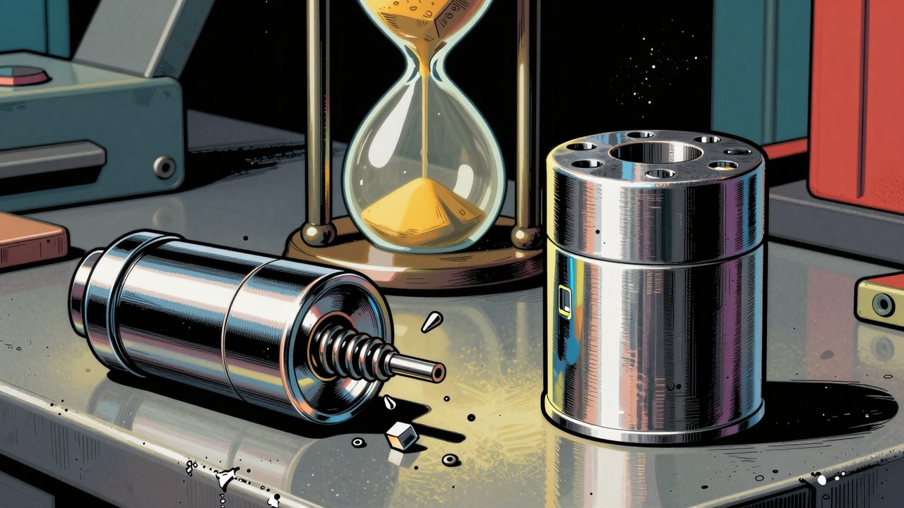 Ilustración de dos bombines en un banco de trabajo: uno barato desmontándose en muelles y pernos y otro de alta seguridad intacto, con un reloj de arena al fondo