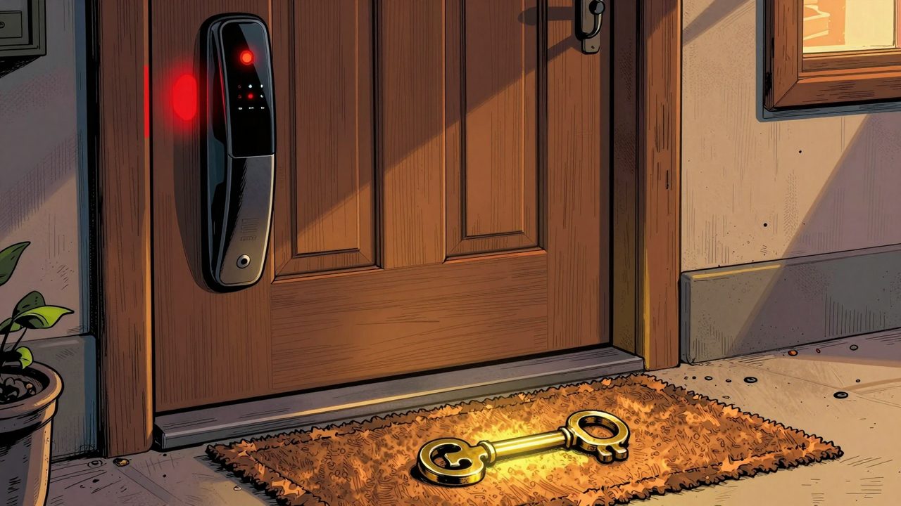 Ilustración de una cerradura inteligente sin batería en una puerta de madera, con una vieja llave de latón brillando en el felpudo como salvadora