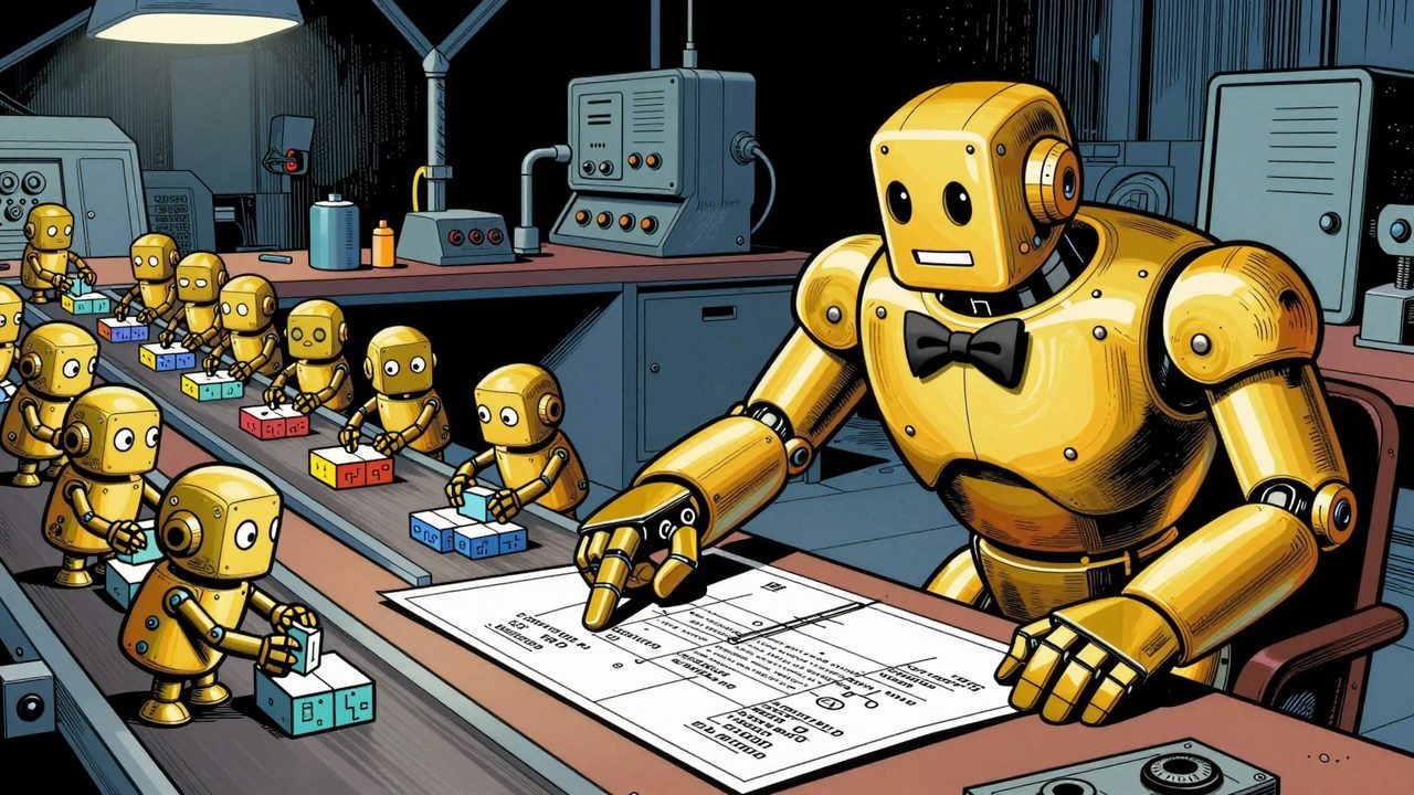 Ilustración de un gran robot dorado que dirige con un plano a varios robots pequeños y humildes que trabajan en una cadena de montaje