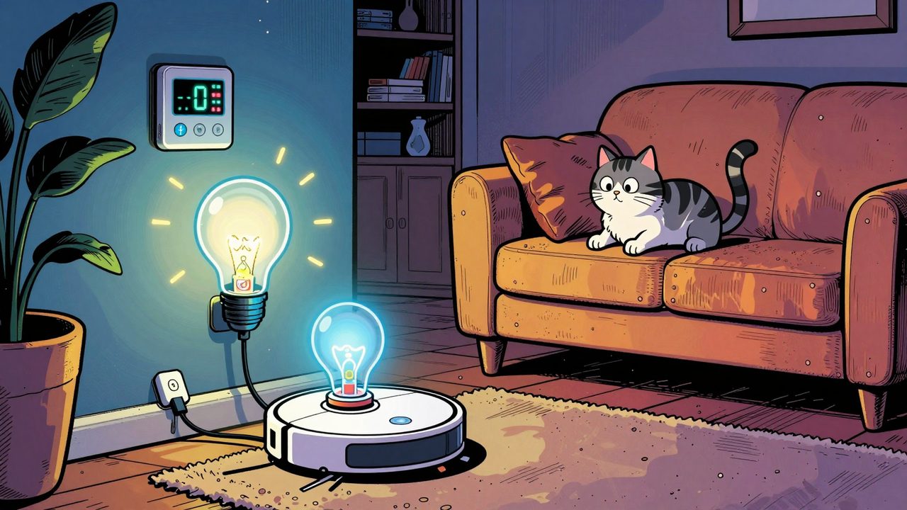 Ilustración de un salón domótico de noche donde un robot desenchufa el controlador de la casa mientras las luces se apagan y un gato observa asustado