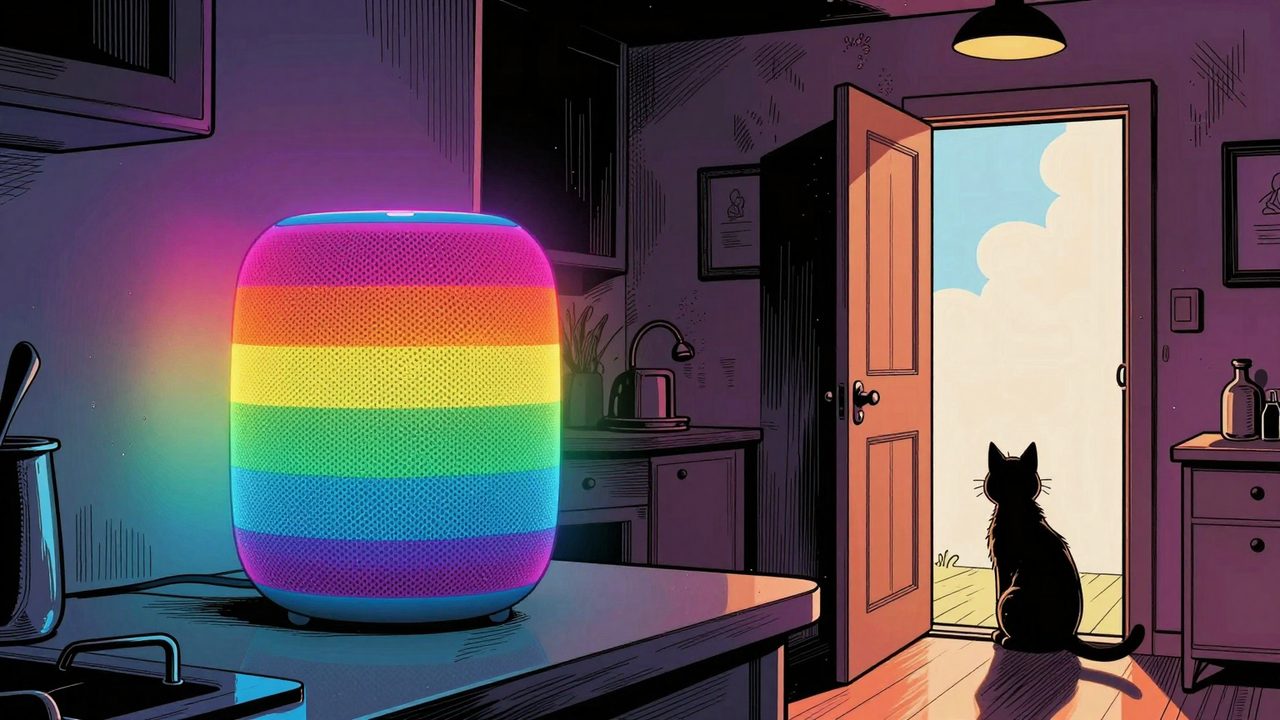 Ilustración de un altavoz inteligente confundido que abre la puerta de casa en lugar de encender la luz, ante la mirada de un gato
