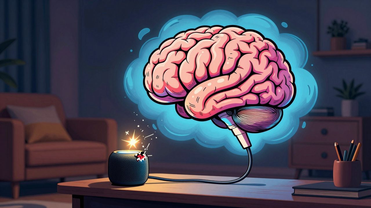 Ilustración de un gran cerebro digital en una nube desconectado, con un cable roto, de un pequeño altavoz inteligente en una estantería