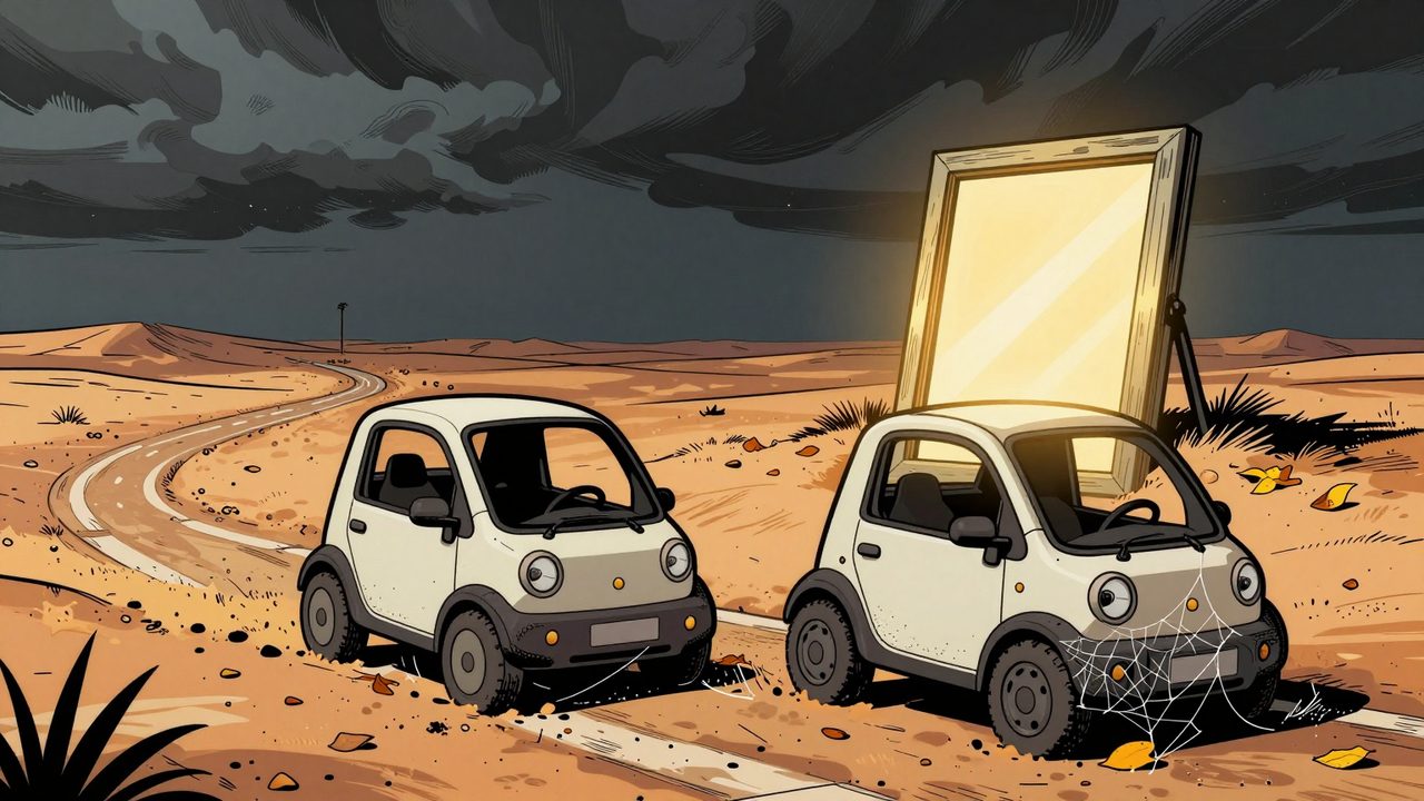 Ilustración de un pequeño coche autónomo cubierto de telarañas en un cruce del desierto junto a un marco de ventana que brilla con luz dorada