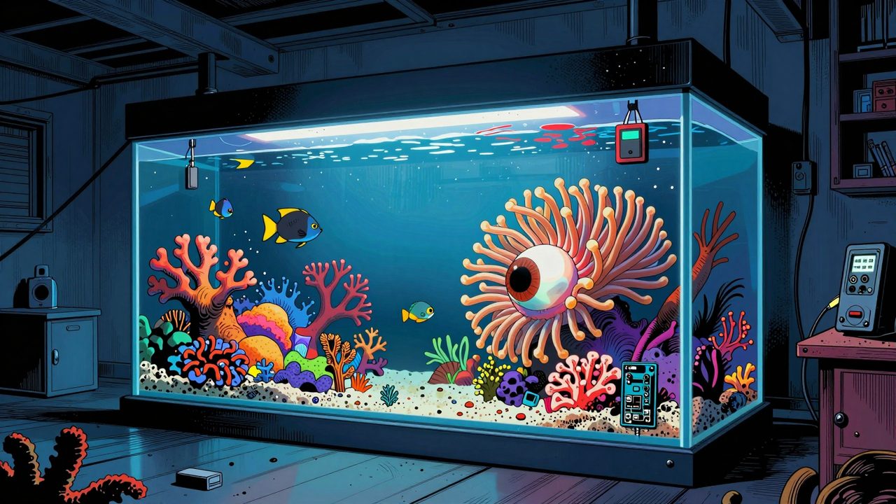 Ilustración de un enorme acuario marino con corales, peces y sensores electrónicos en un piso con vigas reforzando el suelo