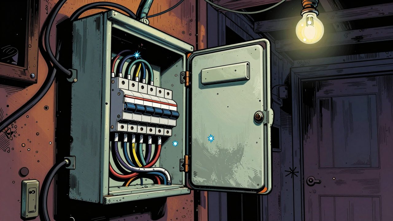 Ilustración de un cuadro eléctrico antiguo y desordenado, con cables enredados y chispas en un pasillo oscuro
