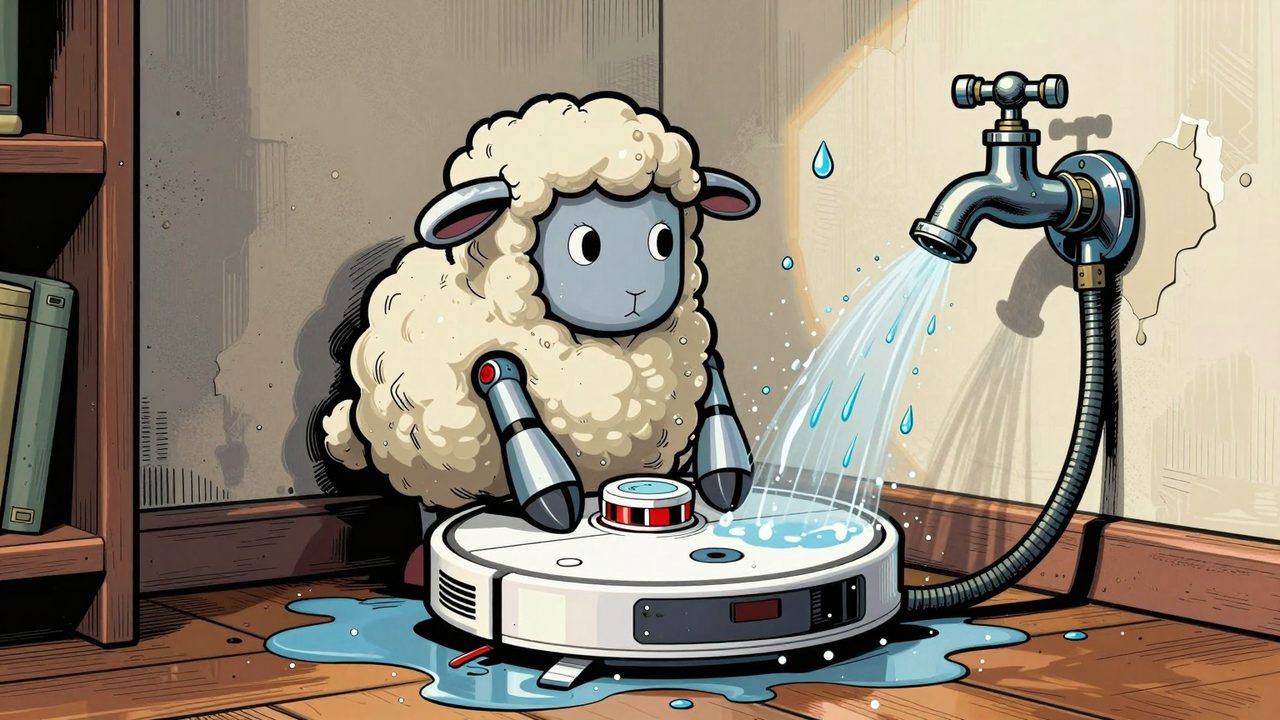 Ilustración de un robot aspirador en medio de un charco junto a un grifo de pared roto que inunda el salón