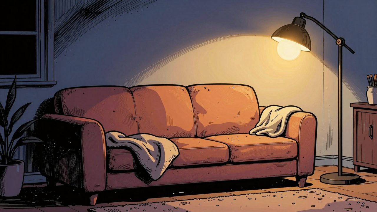 Ilustración de un salón acogedor al anochecer donde una lámpara se atenúa sola junto a un orbe de luz cálida que flota en el aire