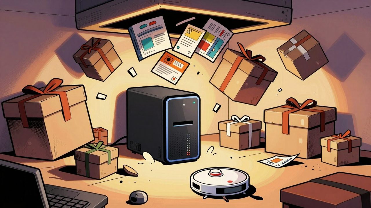 Ilustración de un pequeño servidor doméstico sepultado bajo una avalancha de cajas de regalo y paquetes de actualización que caen del techo