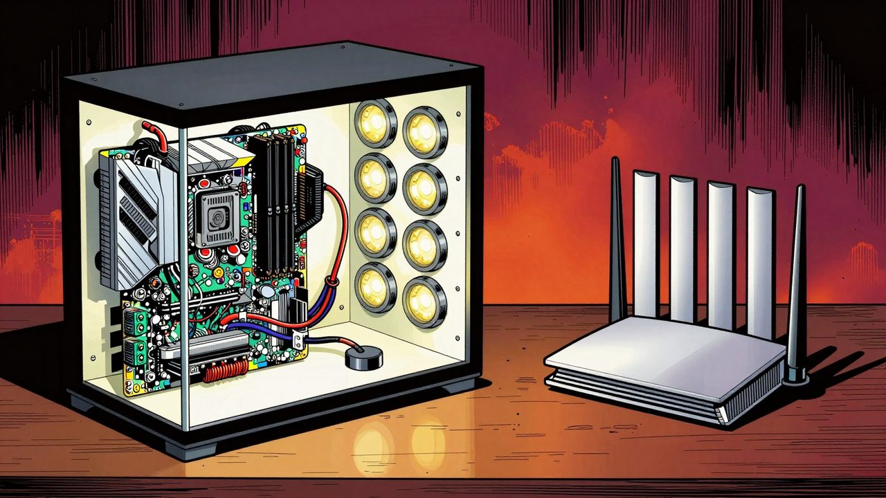 Ilustración de un escritorio dividido entre un homelab impreso en 3D lleno de cables y downlights desmontados, y un router minimalista y ordenado
