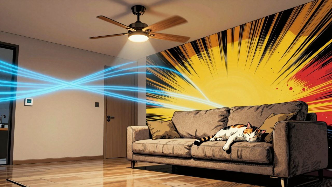 Ilustración de un salón moderno con un ventilador de techo girando despacio, corrientes de aire fresco azuladas y un gato durmiendo plácidamente en el sofá