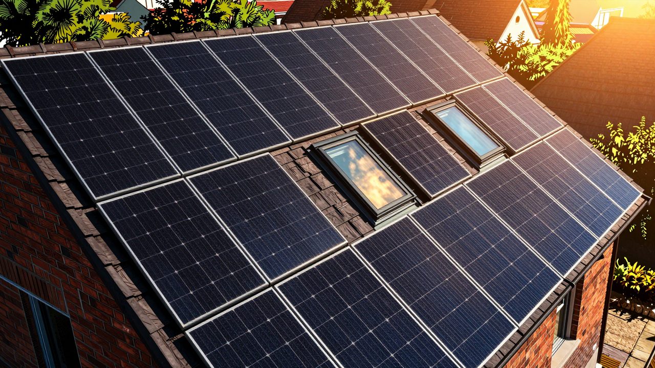 Ilustración de un tejado a dos aguas cubierto por completo de placas solares encajadas como un Tetris alrededor de dos ventanas, con un último panel encajando en el hueco libre