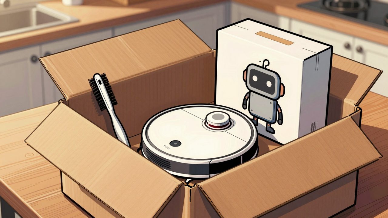 Ilustración de un paquete abierto que contiene un diminuto cepillo de recambio en lugar del robot aspirador esperado